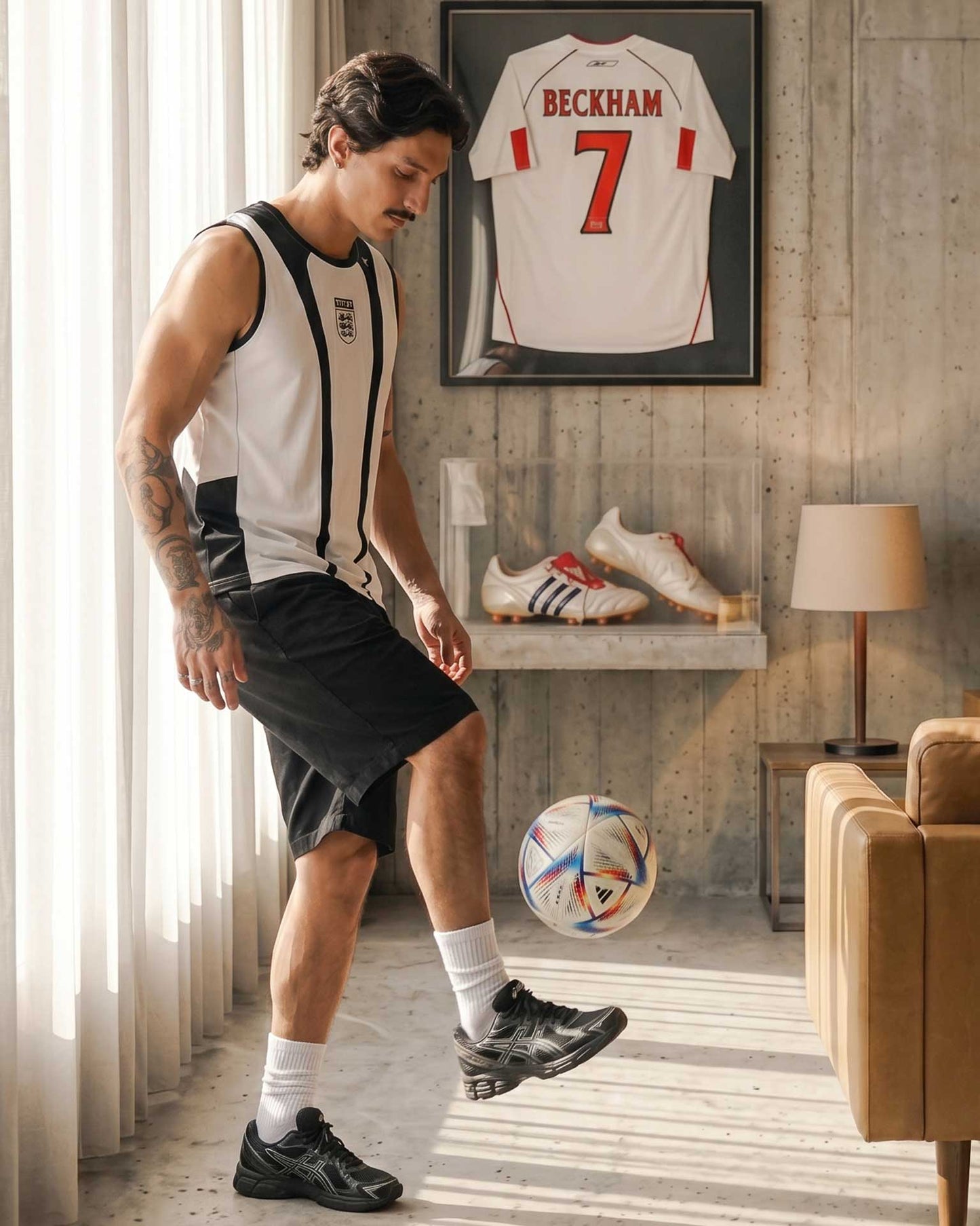 A man in a white and black sleeveless sports jersey and black shorts kicks a soccer ball in a modern room. A framed England jersey with Beckham's name and number 7 is displayed on the wall above a glass case containing soccer cleats.