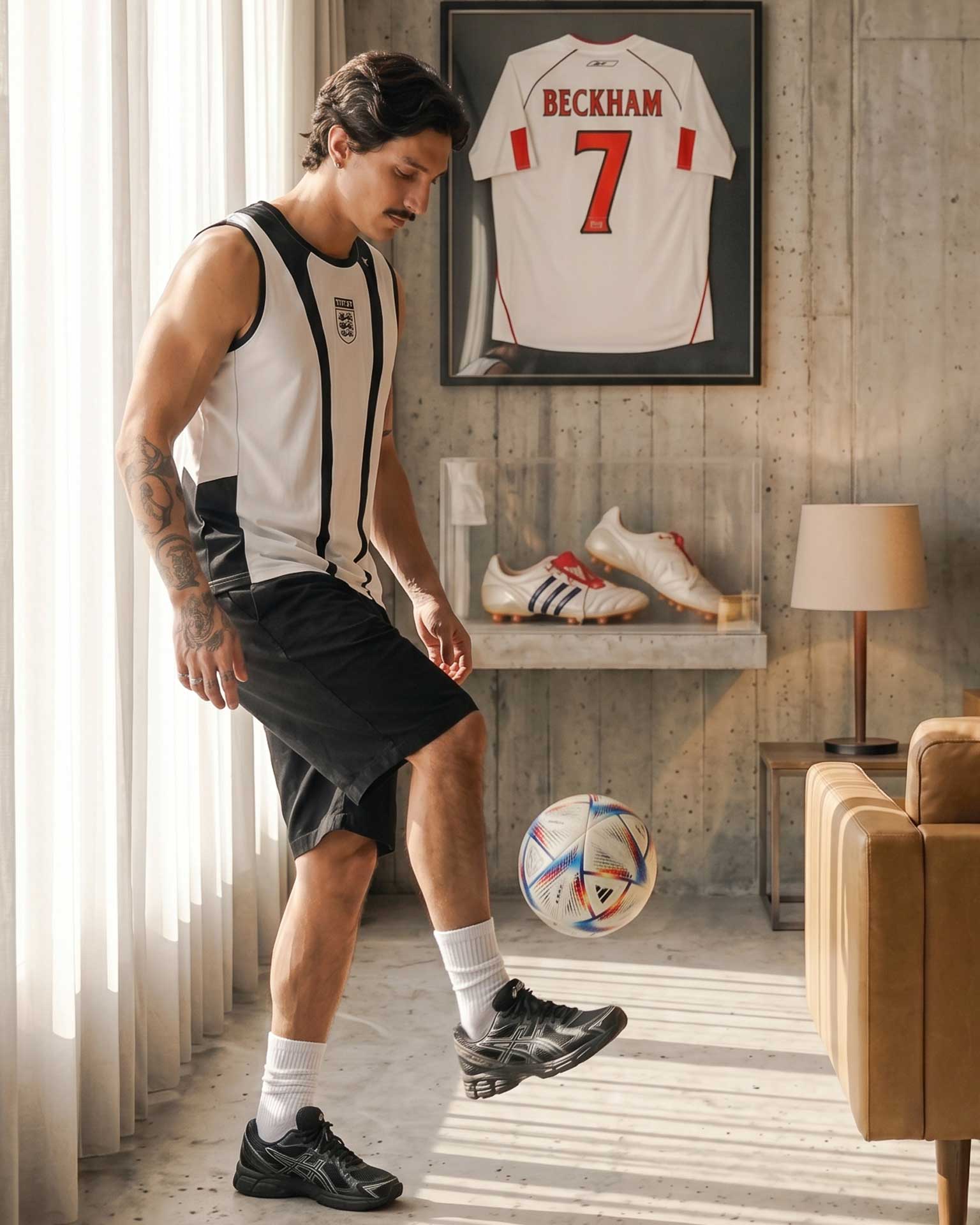 A man in a white and black sleeveless sports jersey and black shorts kicks a soccer ball in a modern room. A framed England jersey with Beckham's name and number 7 is displayed on the wall above a glass case containing soccer cleats.