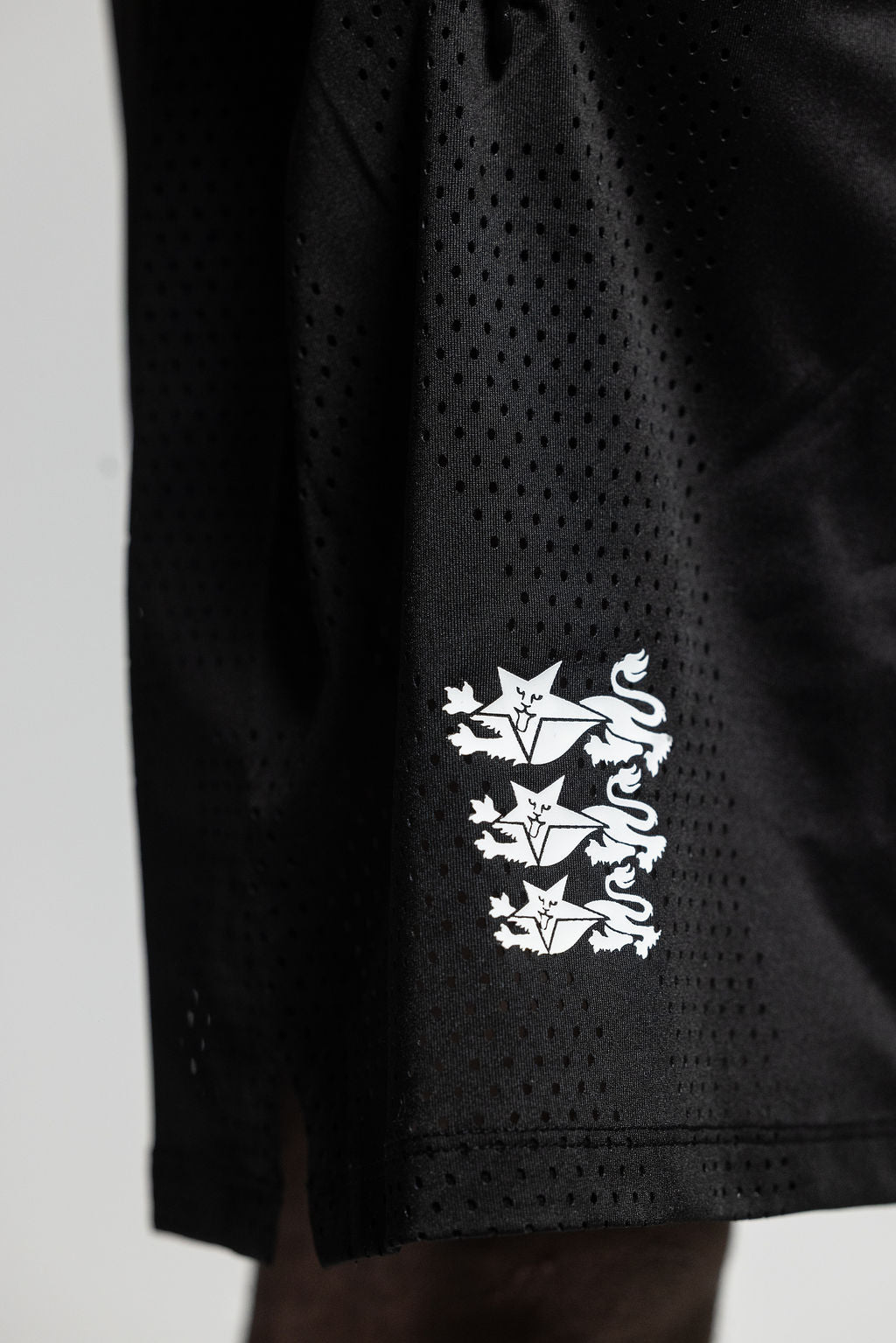 Close-up of a black athletic mesh shorts leg featuring a white embroidered lion and star logo, with a person's leg visible at the bottom.
